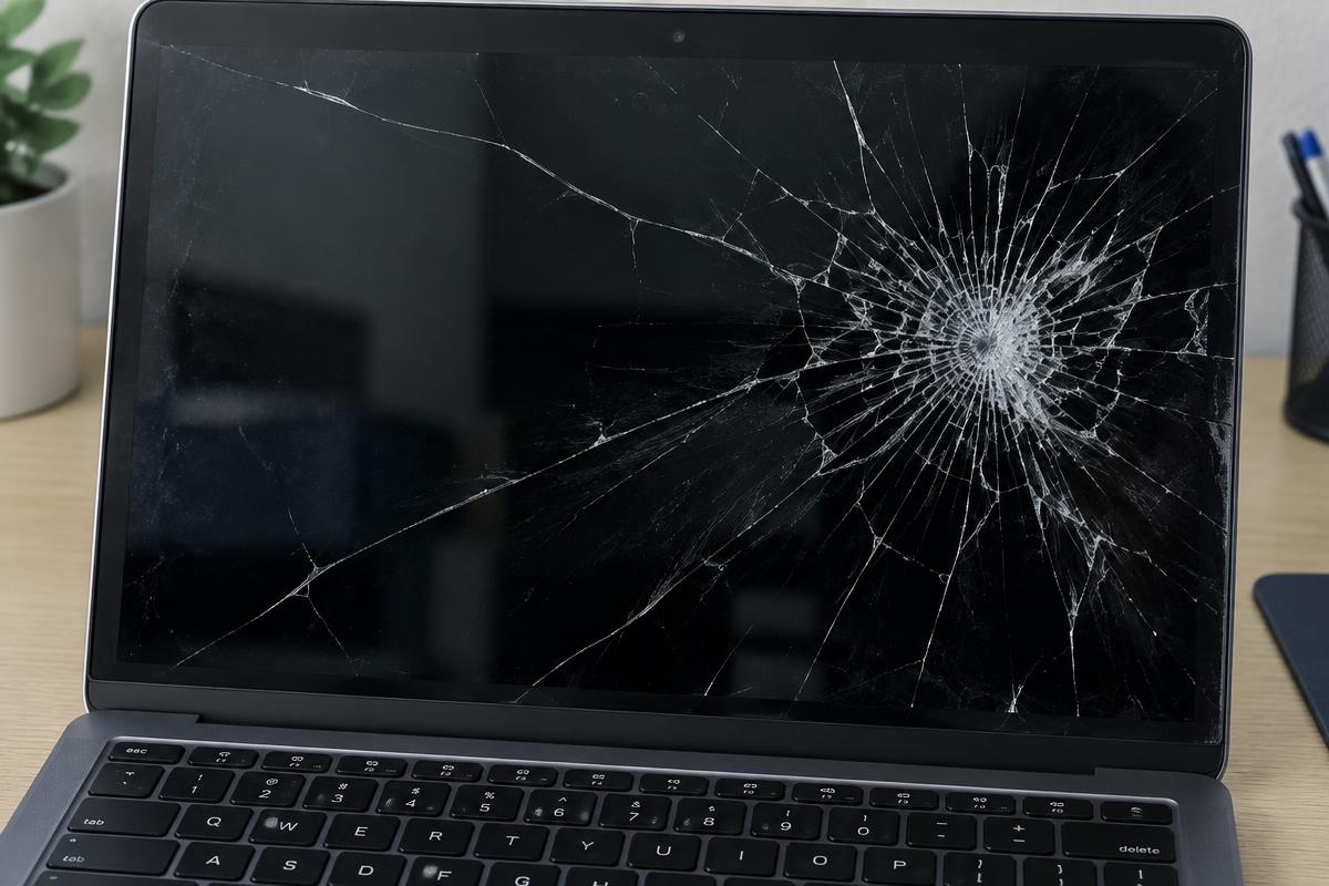 Cracked laptop display with spreading glass damage