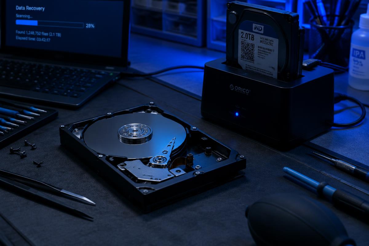 Opened hard drive next to a drive dock running data recovery software
