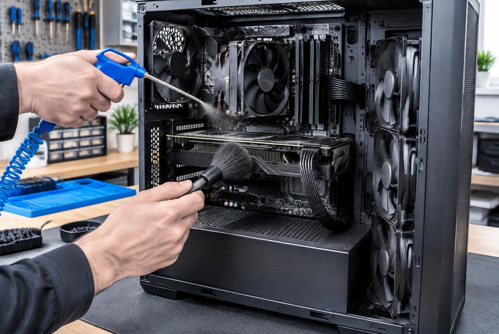 Desktop computer fans and internal parts being professionally cleaned