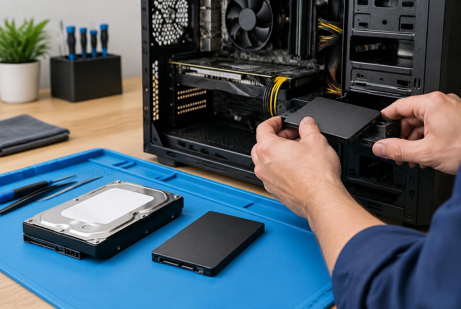 Technician installing a solid state drive into a desktop computer beside the old hard drive