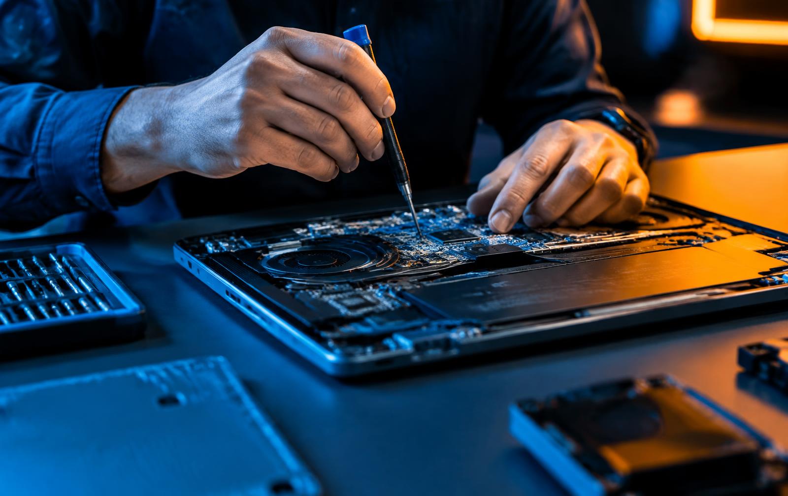 Technician using a precision screwdriver on an opened laptop at a repair workbench