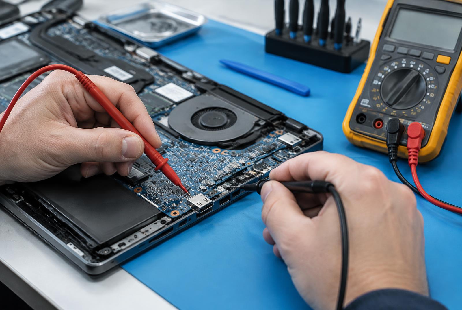 Laptop charging port being tested with a multimeter