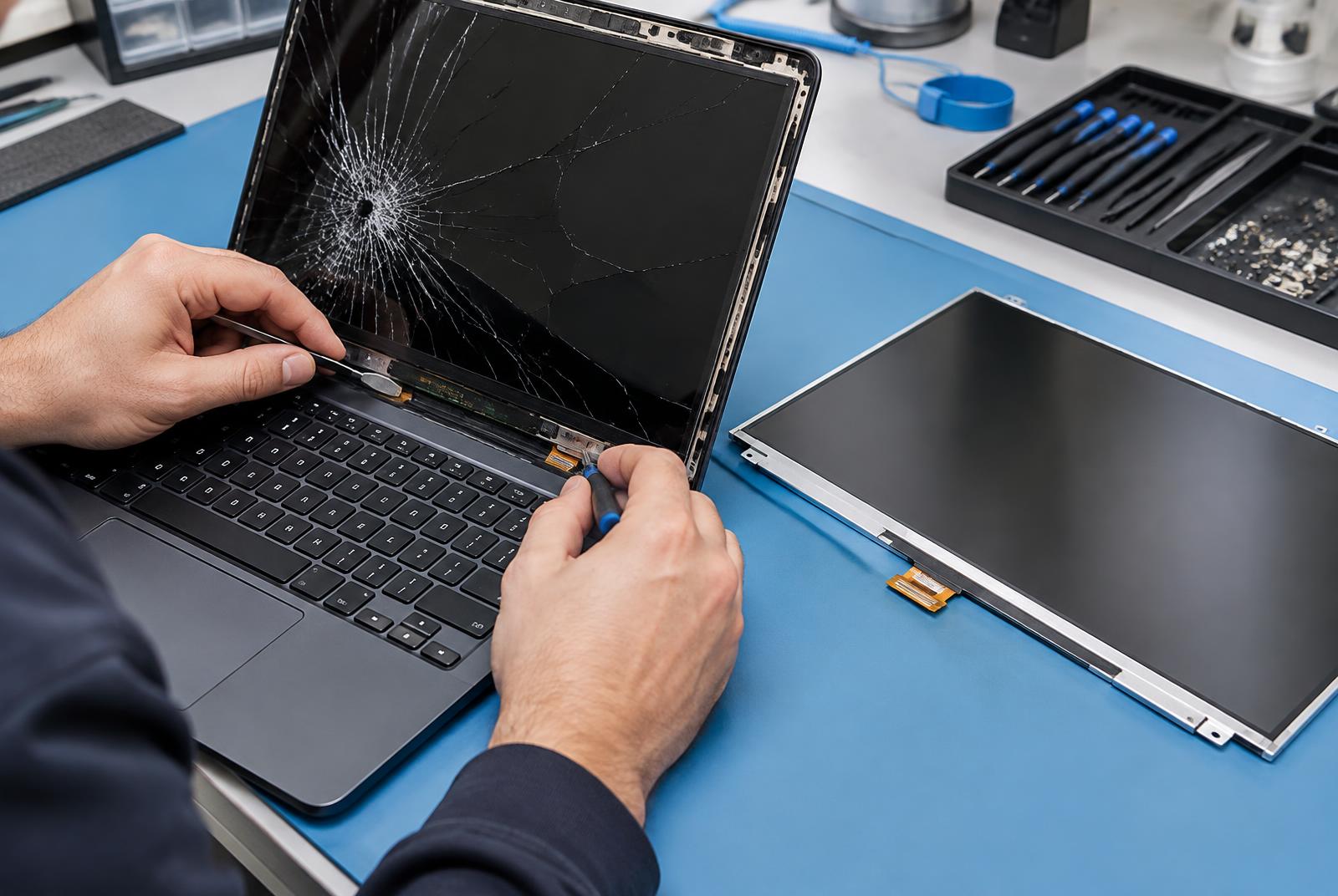 Technician replacing a cracked laptop screen with a new display panel at a repair workbench