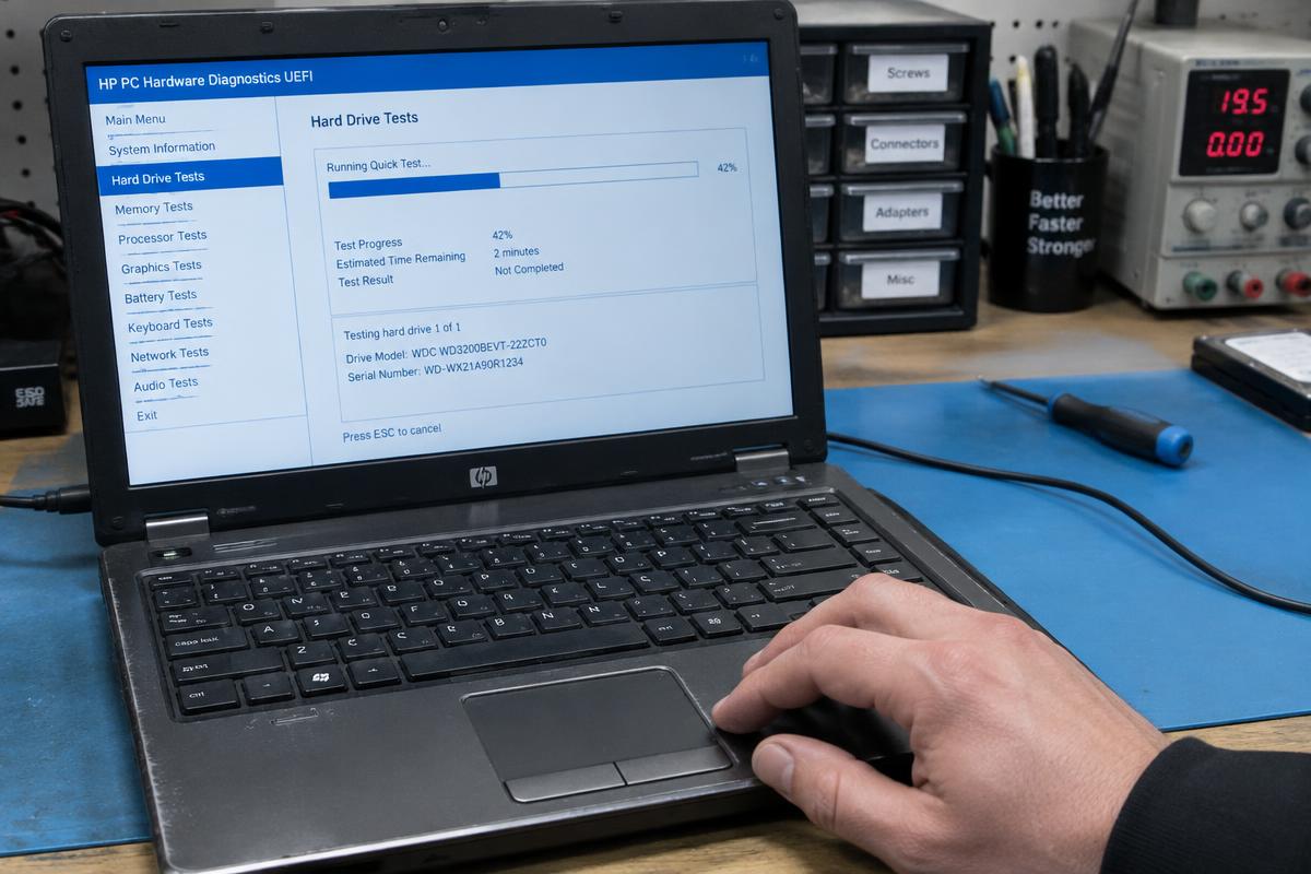 Laptop running a hardware diagnostic test on a technician's workbench