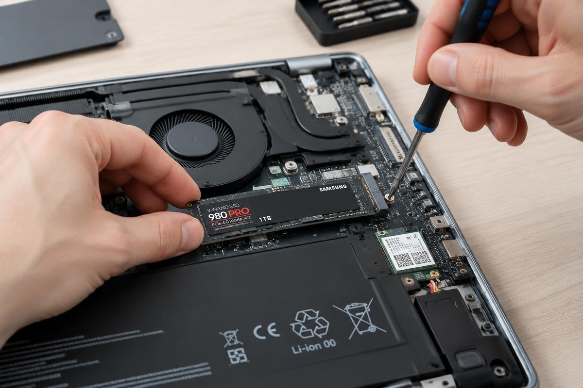 SSD being installed into an opened laptop