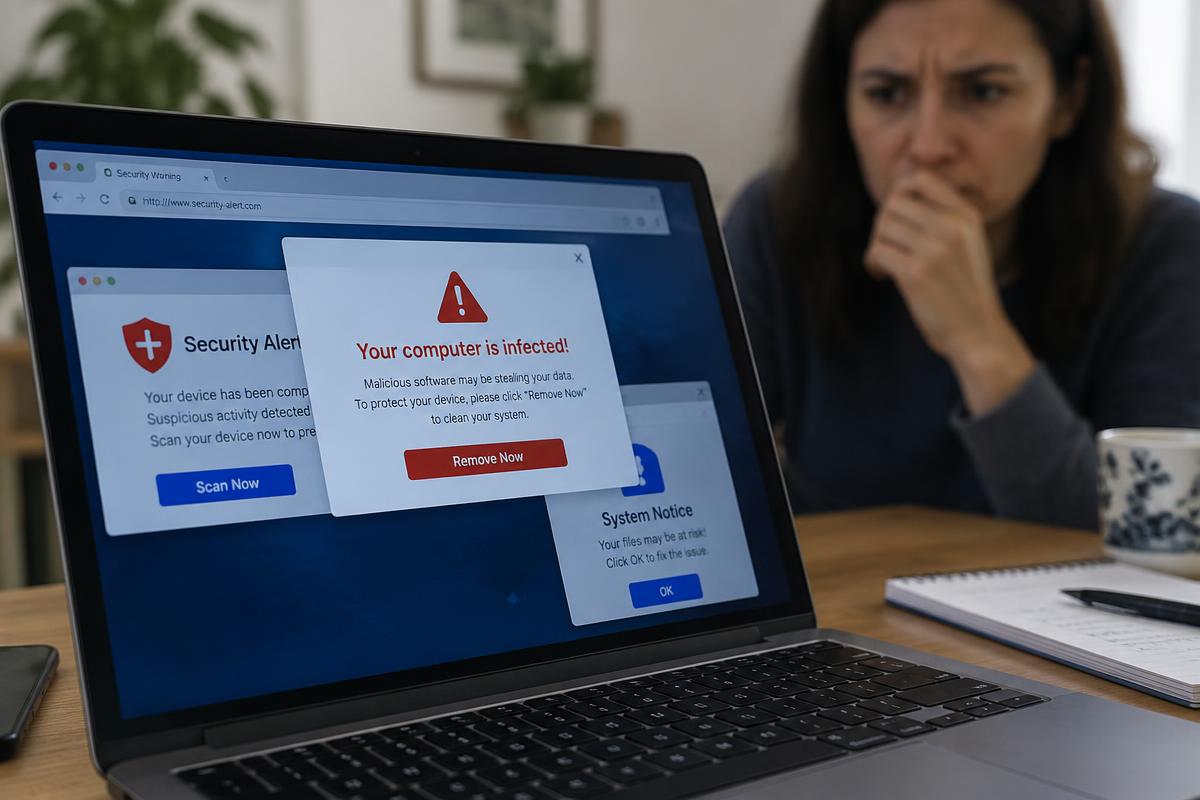 Laptop screen showing fake security warning pop-ups while a person looks concerned